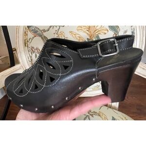 Dansko Rowena black leather slingback open toe heels clogs, Size 39